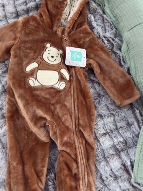 Disney Brown Plush Hooded One-Piece Footie with Bear Applique